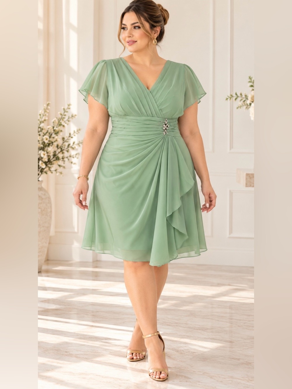 Sage Green Formal Chiffon Dress with Rhinestone Waist Detail – Size 14